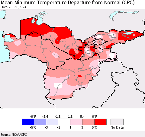 Central Asia Mean Minimum Temperature Departure from Normal (CPC) Thematic Map For 12/25/2023 - 12/31/2023