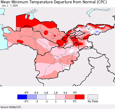 Central Asia Mean Minimum Temperature Departure from Normal (CPC) Thematic Map For 1/1/2024 - 1/7/2024