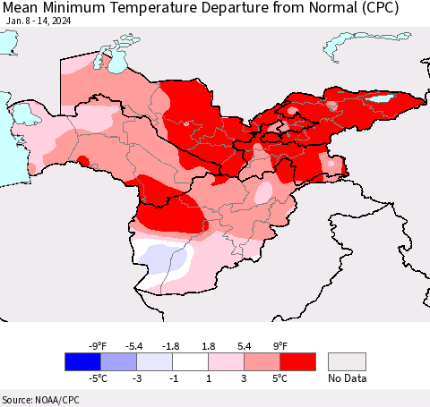 Central Asia Mean Minimum Temperature Departure from Normal (CPC) Thematic Map For 1/8/2024 - 1/14/2024