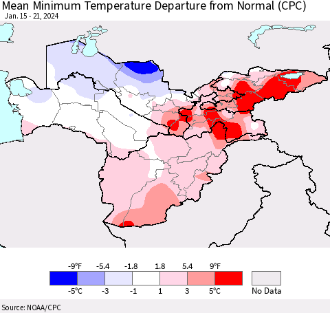 Central Asia Mean Minimum Temperature Departure from Normal (CPC) Thematic Map For 1/15/2024 - 1/21/2024