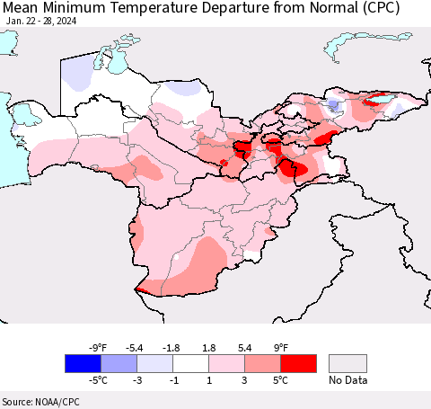 Central Asia Mean Minimum Temperature Departure from Normal (CPC) Thematic Map For 1/22/2024 - 1/28/2024