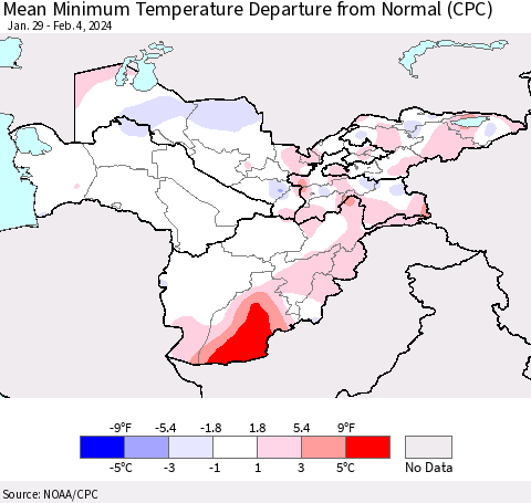 Central Asia Mean Minimum Temperature Departure from Normal (CPC) Thematic Map For 1/29/2024 - 2/4/2024