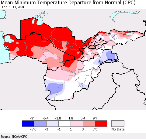Central Asia Mean Minimum Temperature Departure from Normal (CPC) Thematic Map For 2/5/2024 - 2/11/2024