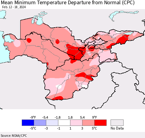 Central Asia Mean Minimum Temperature Departure from Normal (CPC) Thematic Map For 2/12/2024 - 2/18/2024