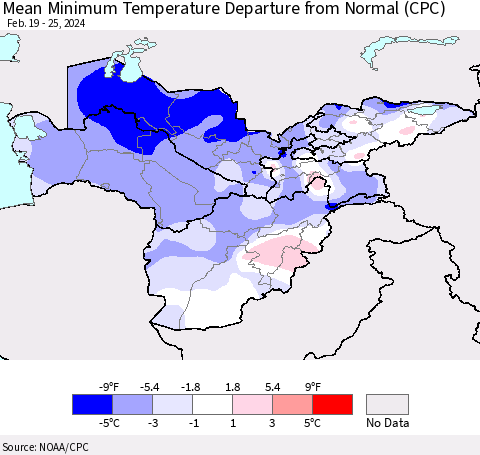 Central Asia Mean Minimum Temperature Departure from Normal (CPC) Thematic Map For 2/19/2024 - 2/25/2024