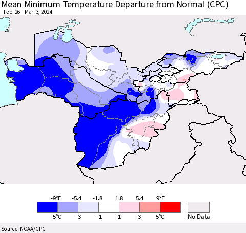 Central Asia Mean Minimum Temperature Departure from Normal (CPC) Thematic Map For 2/26/2024 - 3/3/2024