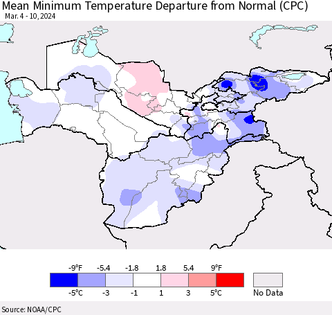 Central Asia Mean Minimum Temperature Departure from Normal (CPC) Thematic Map For 3/4/2024 - 3/10/2024