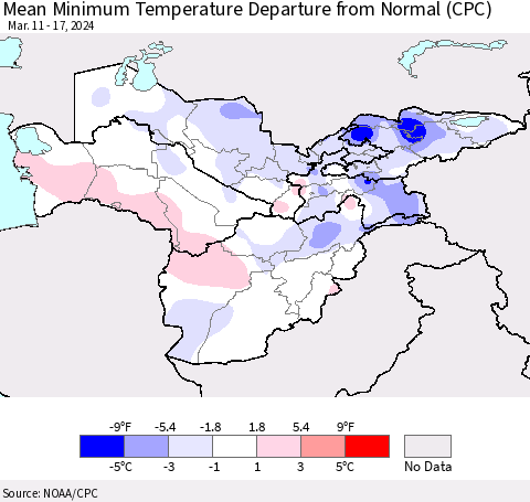 Central Asia Mean Minimum Temperature Departure from Normal (CPC) Thematic Map For 3/11/2024 - 3/17/2024