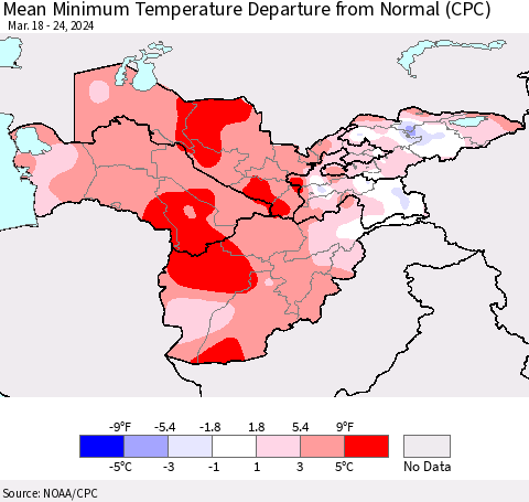 Central Asia Mean Minimum Temperature Departure from Normal (CPC) Thematic Map For 3/18/2024 - 3/24/2024