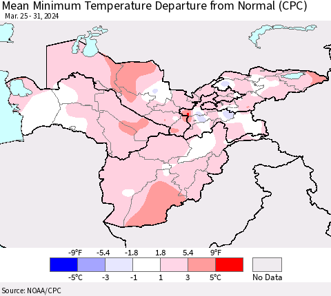 Central Asia Mean Minimum Temperature Departure from Normal (CPC) Thematic Map For 3/25/2024 - 3/31/2024