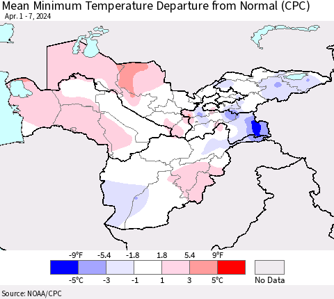 Central Asia Mean Minimum Temperature Departure from Normal (CPC) Thematic Map For 4/1/2024 - 4/7/2024