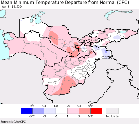 Central Asia Mean Minimum Temperature Departure from Normal (CPC) Thematic Map For 4/8/2024 - 4/14/2024
