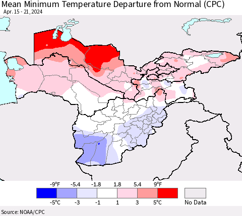 Central Asia Mean Minimum Temperature Departure from Normal (CPC) Thematic Map For 4/15/2024 - 4/21/2024