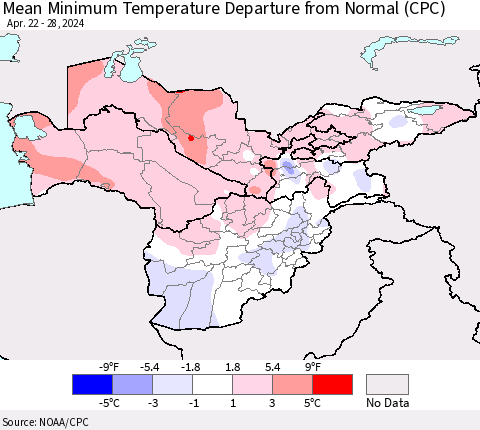 Central Asia Mean Minimum Temperature Departure from Normal (CPC) Thematic Map For 4/22/2024 - 4/28/2024