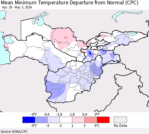 Central Asia Mean Minimum Temperature Departure from Normal (CPC) Thematic Map For 4/29/2024 - 5/5/2024