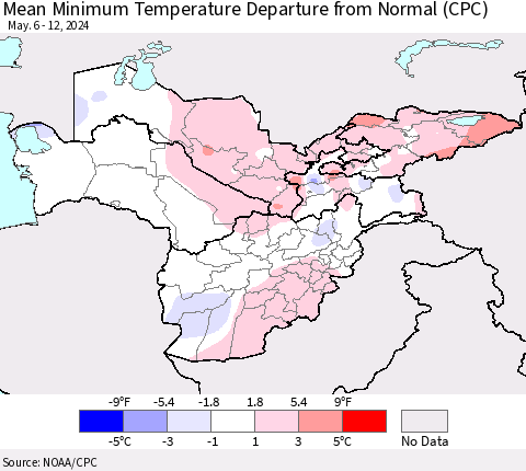 Central Asia Mean Minimum Temperature Departure from Normal (CPC) Thematic Map For 5/6/2024 - 5/12/2024
