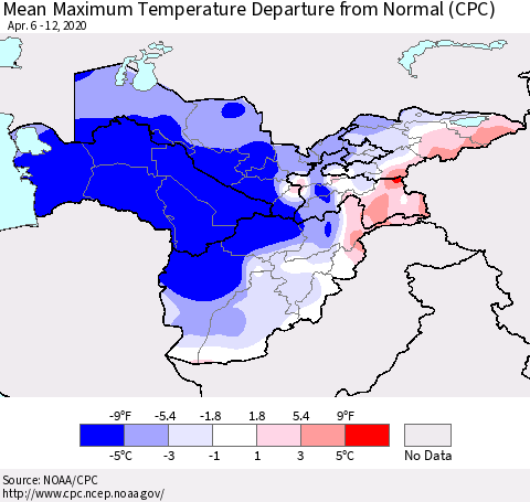 Central Asia Mean Maximum Temperature Departure from Normal (CPC) Thematic Map For 4/6/2020 - 4/12/2020