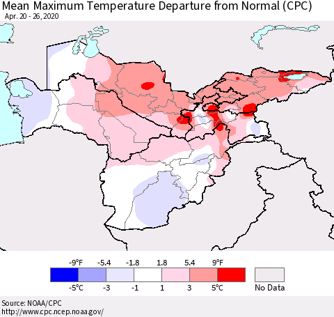 Central Asia Mean Maximum Temperature Departure from Normal (CPC) Thematic Map For 4/20/2020 - 4/26/2020