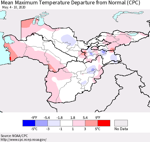 Central Asia Mean Maximum Temperature Departure from Normal (CPC) Thematic Map For 5/4/2020 - 5/10/2020
