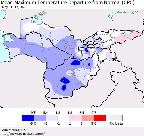 Central Asia Mean Maximum Temperature Departure from Normal (CPC) Thematic Map For 5/11/2020 - 5/17/2020