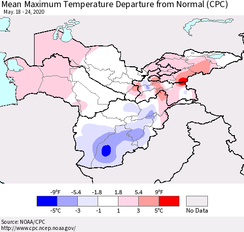 Central Asia Mean Maximum Temperature Departure from Normal (CPC) Thematic Map For 5/18/2020 - 5/24/2020