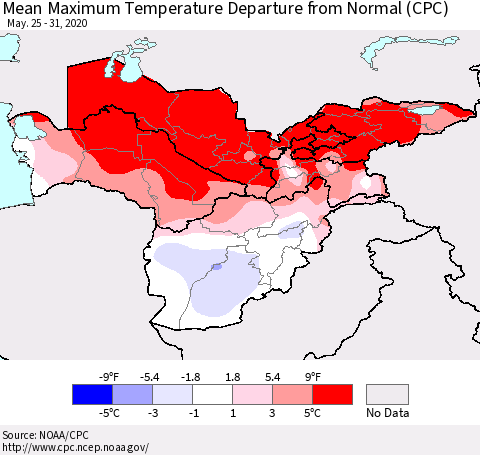 Central Asia Mean Maximum Temperature Departure from Normal (CPC) Thematic Map For 5/25/2020 - 5/31/2020
