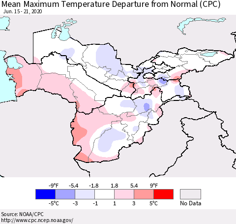 Central Asia Mean Maximum Temperature Departure from Normal (CPC) Thematic Map For 6/15/2020 - 6/21/2020