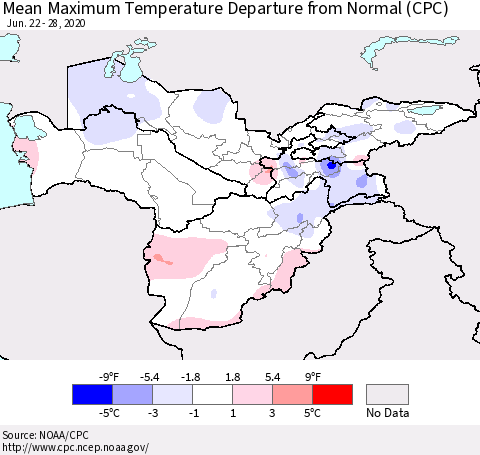 Central Asia Mean Maximum Temperature Departure from Normal (CPC) Thematic Map For 6/22/2020 - 6/28/2020