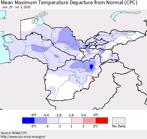 Central Asia Mean Maximum Temperature Departure from Normal (CPC) Thematic Map For 6/29/2020 - 7/5/2020