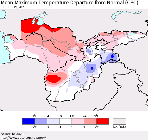 Central Asia Mean Maximum Temperature Departure from Normal (CPC) Thematic Map For 7/13/2020 - 7/19/2020