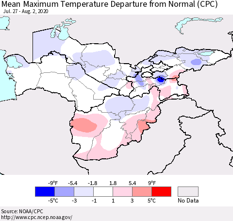 Central Asia Mean Maximum Temperature Departure from Normal (CPC) Thematic Map For 7/27/2020 - 8/2/2020