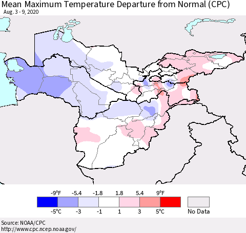Central Asia Mean Maximum Temperature Departure from Normal (CPC) Thematic Map For 8/3/2020 - 8/9/2020