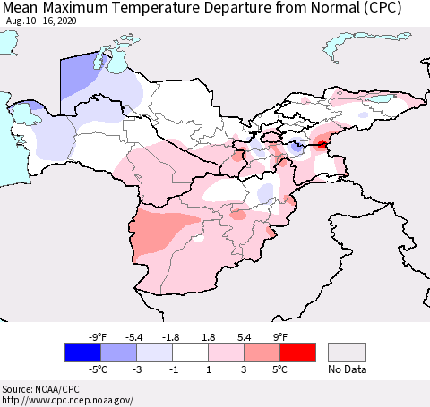Central Asia Mean Maximum Temperature Departure from Normal (CPC) Thematic Map For 8/10/2020 - 8/16/2020