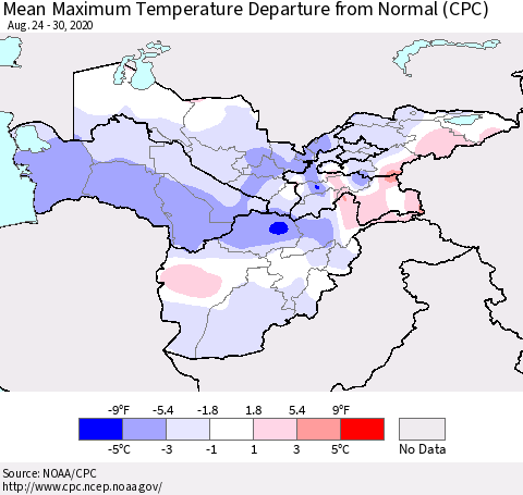 Central Asia Mean Maximum Temperature Departure from Normal (CPC) Thematic Map For 8/24/2020 - 8/30/2020