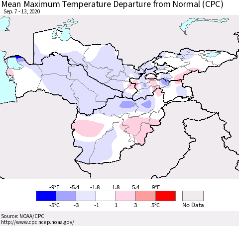 Central Asia Mean Maximum Temperature Departure from Normal (CPC) Thematic Map For 9/7/2020 - 9/13/2020