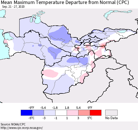 Central Asia Mean Maximum Temperature Departure from Normal (CPC) Thematic Map For 9/21/2020 - 9/27/2020