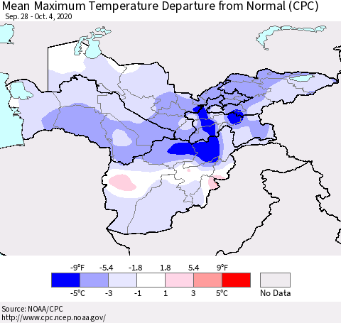 Central Asia Mean Maximum Temperature Departure from Normal (CPC) Thematic Map For 9/28/2020 - 10/4/2020
