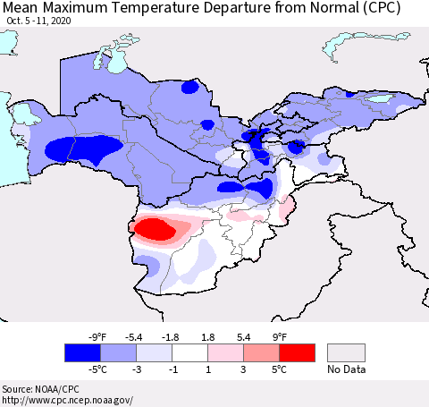 Central Asia Mean Maximum Temperature Departure from Normal (CPC) Thematic Map For 10/5/2020 - 10/11/2020