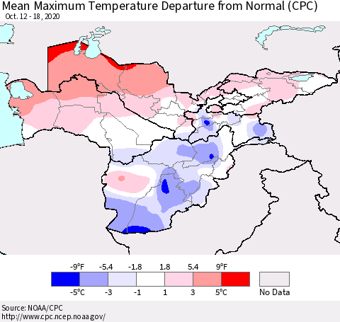 Central Asia Mean Maximum Temperature Departure from Normal (CPC) Thematic Map For 10/12/2020 - 10/18/2020
