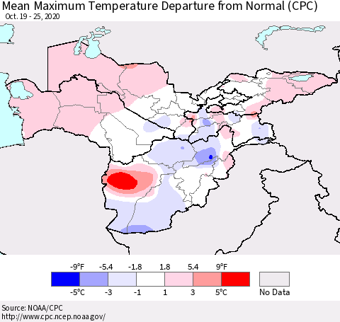 Central Asia Mean Maximum Temperature Departure from Normal (CPC) Thematic Map For 10/19/2020 - 10/25/2020