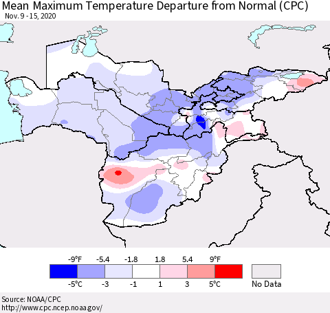 Central Asia Mean Maximum Temperature Departure from Normal (CPC) Thematic Map For 11/9/2020 - 11/15/2020