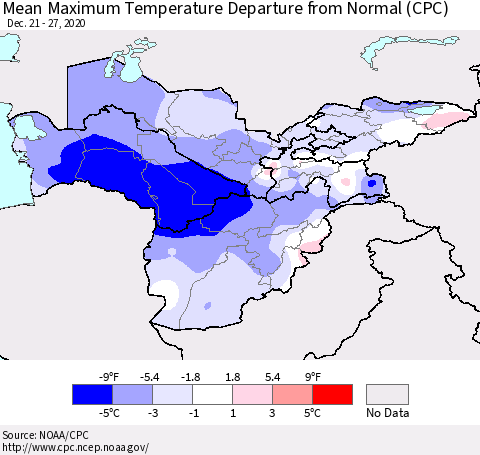 Central Asia Mean Maximum Temperature Departure from Normal (CPC) Thematic Map For 12/21/2020 - 12/27/2020