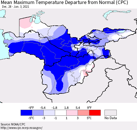 Central Asia Mean Maximum Temperature Departure from Normal (CPC) Thematic Map For 12/28/2020 - 1/3/2021