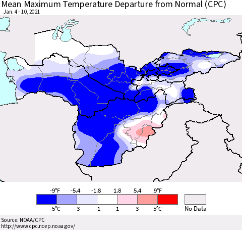 Central Asia Mean Maximum Temperature Departure from Normal (CPC) Thematic Map For 1/4/2021 - 1/10/2021