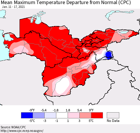 Central Asia Mean Maximum Temperature Departure from Normal (CPC) Thematic Map For 1/11/2021 - 1/17/2021