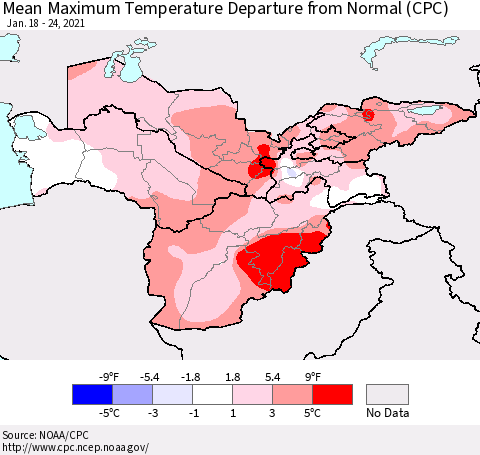 Central Asia Mean Maximum Temperature Departure from Normal (CPC) Thematic Map For 1/18/2021 - 1/24/2021