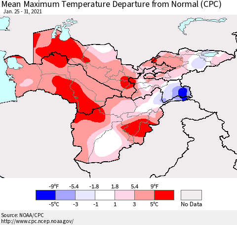 Central Asia Mean Maximum Temperature Departure from Normal (CPC) Thematic Map For 1/25/2021 - 1/31/2021