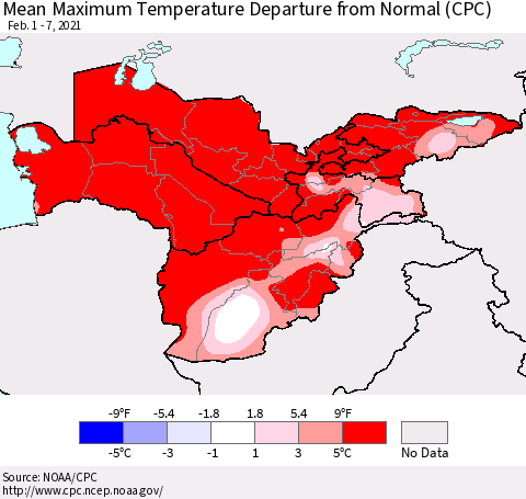 Central Asia Mean Maximum Temperature Departure from Normal (CPC) Thematic Map For 2/1/2021 - 2/7/2021