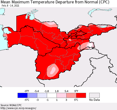 Central Asia Mean Maximum Temperature Departure from Normal (CPC) Thematic Map For 2/8/2021 - 2/14/2021