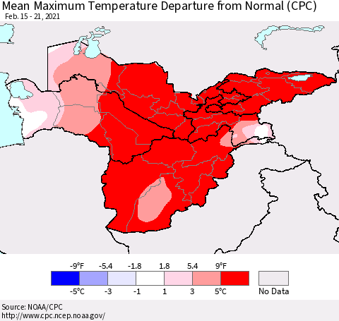 Central Asia Mean Maximum Temperature Departure from Normal (CPC) Thematic Map For 2/15/2021 - 2/21/2021